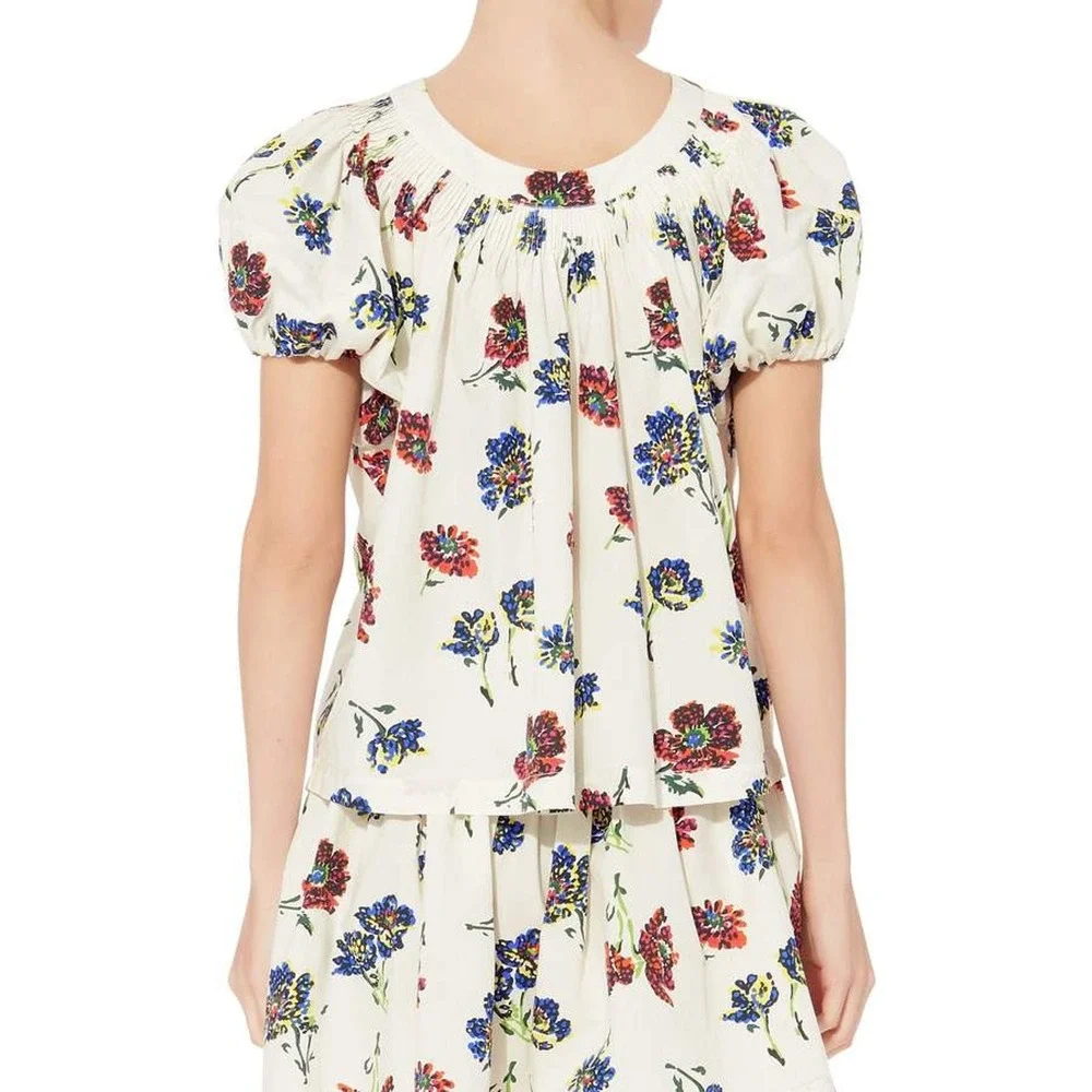 Ulla Johnson Celie Floral Print Short Puff Sleeve Top Blouse White Women's 6